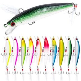 FREE FISHER 10Pcs Fishing Lures Minnow Bass Lure Jerkbait Topwater Hard Baits with Double Treble Hooks Flasher Feathers for Bass Trout Walleye Redfish Saltwater Freshwater 3.4in/0.3oz