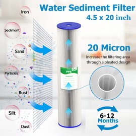 VEGEBE 20 Micron 20-Inch Heavy Duty Whole House Water Filter Replacement Cartridge, Pleated Sediment Water Filters 4.5" x 20" for Well Water, Compatible with ECP5-20BB, R30-20BB, SPC-45-2050, 6 Pack