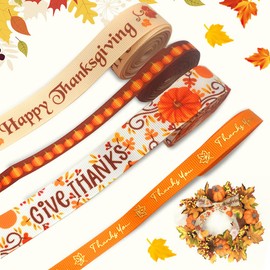 Hying 4 PCS Fall Thanksgiving Ribbons for Gift Wrapping, Autumn Pumpkin Leaves Grosgrain Ribbons Metallic Words Gift Ribbon Orange Craft Ribbons for Fall Thanksgiving Decor, 0.39"/0.79"×20 Yards