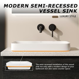 DeerValley Bathroom Vessel Sink, 19.29'' x 11.81'' x 4.72'' Semi Recessed Bathroom Sink Rectangular White Ceramic Sinks for Bathroom Modern Bath Sink Bowl Vanity Sinks Above Counter Basin DV-1V0047