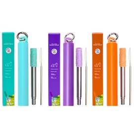 Metal Reusable Straws, 3 Pack Collapsible Straw Travel Straw Reusable with Case, Silicone Tips, Cleaning Brushes, Keychain, Retractable Portable Pocket Drinking Straws, Stainless Steel Straws