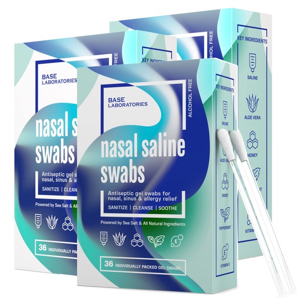 Base Labs Saline Nasal Swabs | Nasal Saline Gel Swabs | Soothing & Cleansing Saline Nasal Irrigation Swabs for Dry Irritated Nose Passages -Nasal Spray Rinse | Instant Allergy & Sinus Relief | 108PC