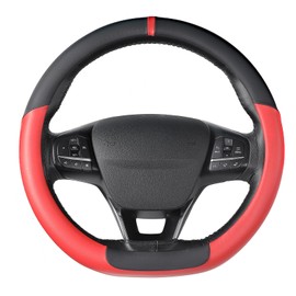 SEG Direct Flat Bottom Steering Wheel Cover, D Shaped Car Wheel Cover 14 1/2-15 in. (37-39 cm), Black Red Microfiber Leather