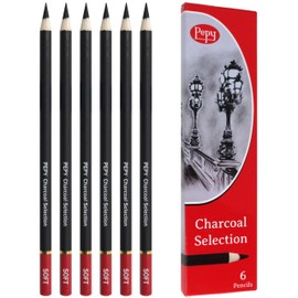Pepy Professional Soft Charcoal Pencil Set – Set of 6 Pre-Sharpened Black Charcoal Pencils; Perfect for Drawing, Sketching, Blending and Shading