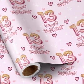 RUSPEPA 13th Birthday Wrapping Paper Girls, Hearts and Pink Number 13 Balloons Happy Birthday Design, 13 Years Old, Mini Roll, 17 Inches x 16.4 Feet, Perfect for Girls' Birthday Party Gifts