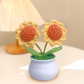 3pcs Crochet Flower Pot, Sunflower Red Rose Forget Me Not Small Potted Flowers, Mothers Day Valentines Gifts for Mom Wife, Cute Desk Decor for Women Office Car Dashboard