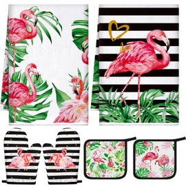 Bencailor 6 Pcs Flamingo Kitchen Towels Oven Mitts and Pot Holders Set Decorative Dish Towels Tea Towels Non Slip Heat Resistant Oven Gloves for Christmas Home Cooking Baking, Pink