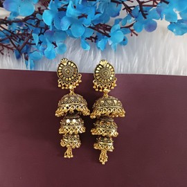 Efulgenz Indian Oxidized Jewelry Boho Vintage Layered Jhumka Jhumki Tassel Dangle Statement Earrings for Women (Gold), Metal Copper