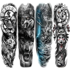 Lion Wolf Temporary Tattoo Sleeve, Large Full Arm Animal Tribal Fake Tattoos Sleeve For Men Women Adult, Long Lasting Black Arm Temp Tatoo Sticker Leg Body Art Makeup, 4-Sheet - Specification: Lion