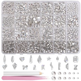 Silver White Nail Art Rhinestones Kit Multi Shapes Crystal Flatback Nail Gems with Half Round Nails Rhinestones for Bedazzling Gems Crystals Rhinestone for Nails Art Craft