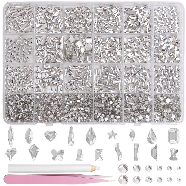 Silver White Nail Art Rhinestones Kit Multi Shapes Crystal Flatback