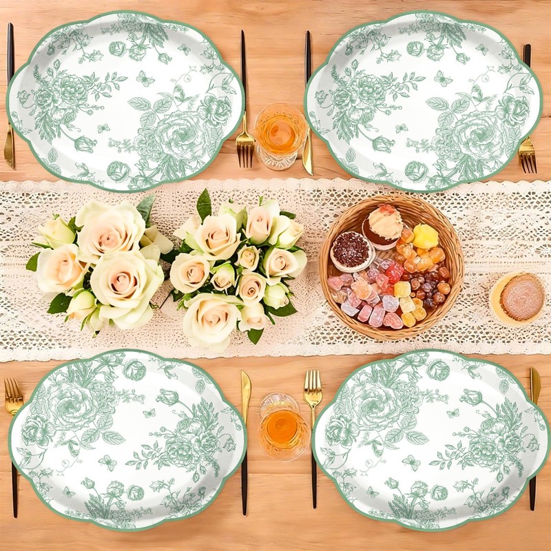 50Pcs Sage Green Floral Large Oval Paper Plates 12 x