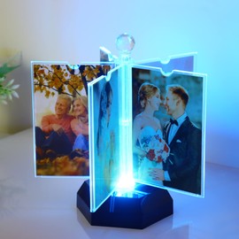 ZEEYUAN Automatic Rotating Picture Frame 10 x 15 cm with LED 10 Photos Transparent Photo Frame for Many Pictures Made of Acrylic Modern Frame for Wedding Family Birthday