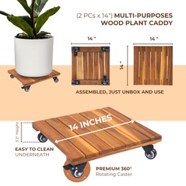 Timberholm 2PCs -14” Acacia Wood Plant Caddy with Wheels, Heavy Duty 286 Lbs Square Rolling Plant Stands, 360° Lockable Metal Caster Wheels, For Indoor, Outdoor, Large Plant Pot (Square, Natural)