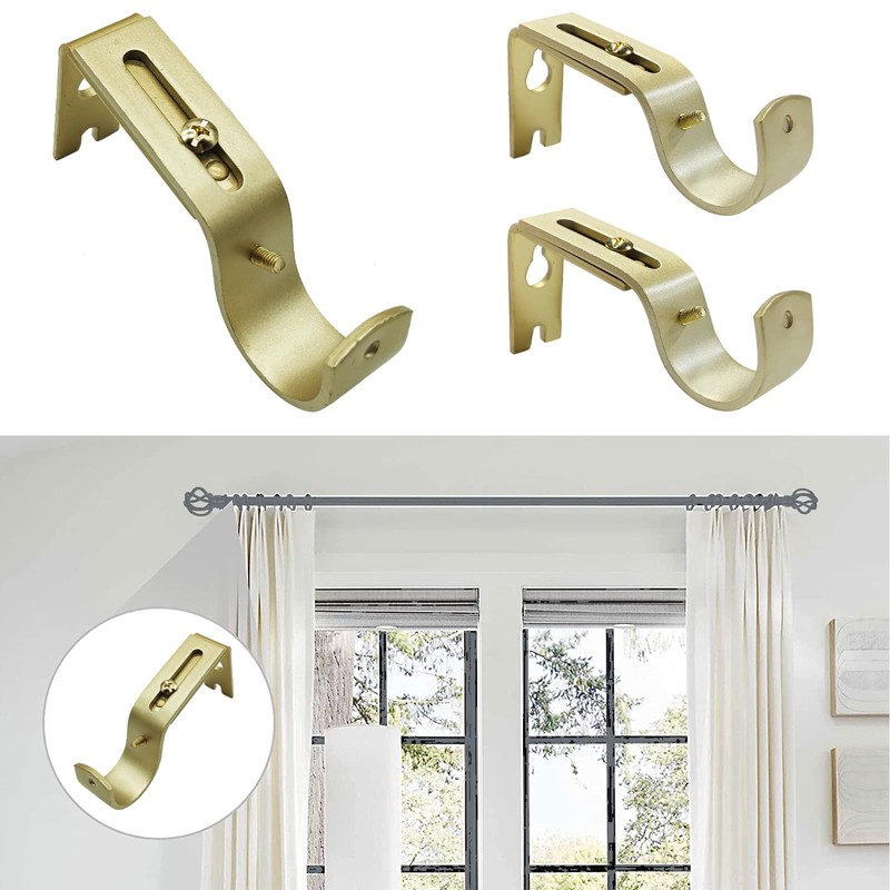 Adjustable Curtain Rod Wall Bracket Hooks, Set of 3, Gold,for