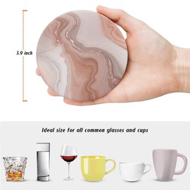 Drink Coasters for Drinks Set of 6, Abstract White Pink Gold Marble Absorbent Round Ceramic Stone Mat Coaster, with Cork Base and Metal Holder, Home Bar Decor House Warming Gift