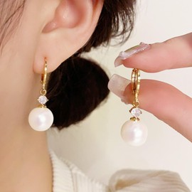 14K Gold Plated Freshwater White Stud Pearl Earrings Hypoallergenic Cubic Zirconia Drop Dangle Pearl Huggie Hoop Earrings for Women