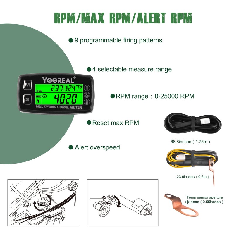 Yooreal Digital Engine Temperature Gauge Meter,Tachometer and Hour Meter,Removable Temp