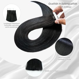 Qingliang Tape-In Real Hair Extensions, Natural Black, 55 cm, 20 Pieces, 50 g, Tape-In Extensions, Real Hair, Invisible Silky Straight, Skin Weft Tape Ins, Natural Extensions (Deep Black, 55 cm)