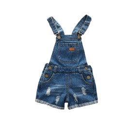 KIDSCOOL SPACE Little Girl Jean Overalls,Big Ripped Denim Shortalls,Blue,4-5 Years