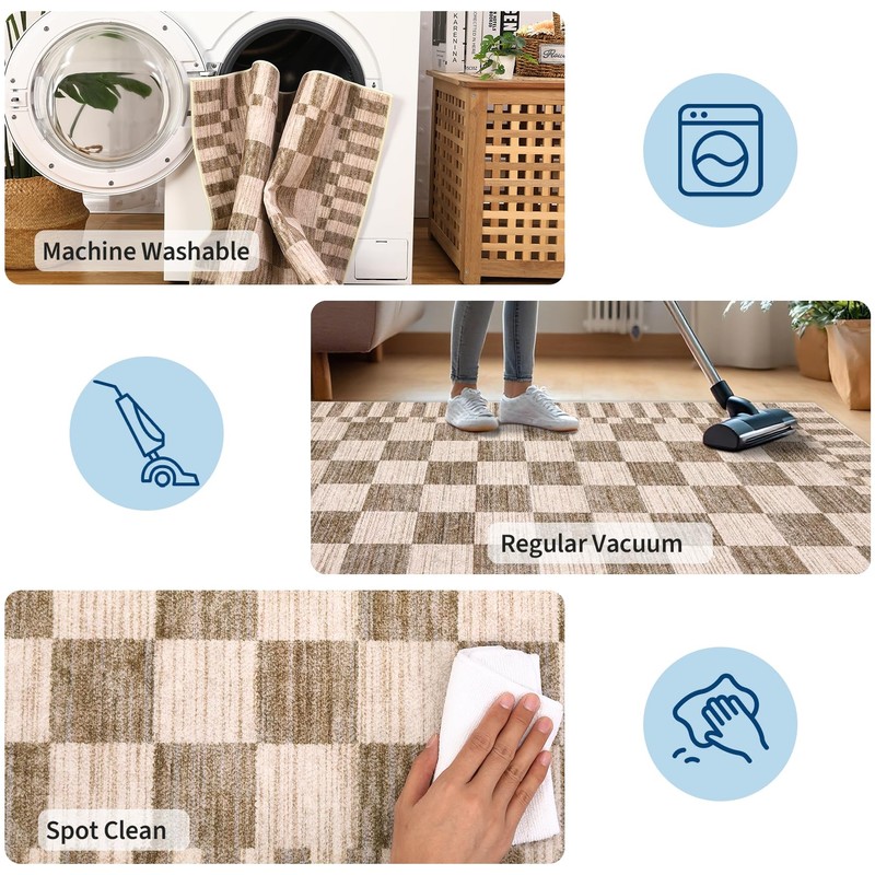 GarveeHome 2×6 Kitchen Runner Rug Non Slip Brown Checkered Rug,Washable