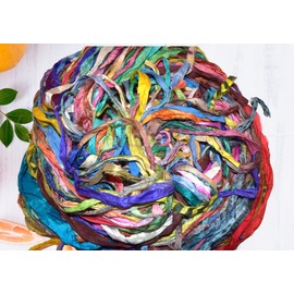 3 oz Multi Sari Silk Ribbon Scraps Remnants for Mixed Media Felting Spinning Silk Paper Weaving Fiber, ONLY Muti and Tie Dye Ribbons