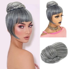 VAVANGA Grey Bun & Bang Updo Hair Bun with Bangs 2 Piece Set Synthetic Salt and Pepper Ponytail Hair Piece for Black Women