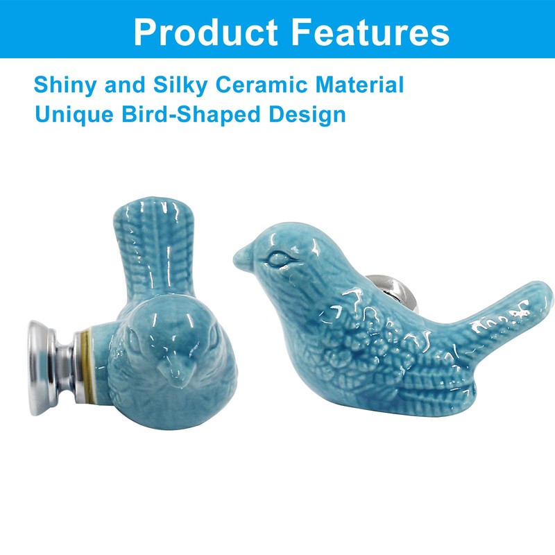 HARSKIYER Bird Shape Ceramic Knobs, 2 Pack Blue Cute Cabinet