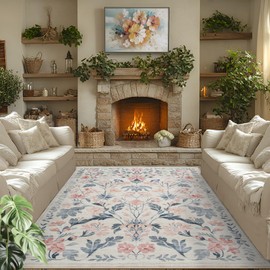 5x7 Area Rugs Washable Rug: Lagre Boho Living Room Rug Soft Anti-Skid Thin Carpet Indoor Floor Non-Shedding Neutral Floral Carpets for Bedroom Dining Room Farmhouse Nursery Multi