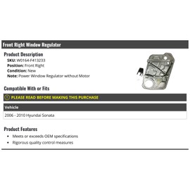 Front Right Passenger Side Power Window Regulator (without Motor) - Compatible with 2006-2010 Hyundai Sonata