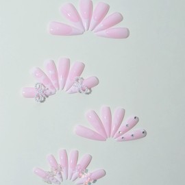 BABALAL Stiletto Press on nails Long Fake Nails White French Tip Glue on Nails Pink Acrylic Nails Bow Charm False Nails Coquette Manicure Stick on Nails 24pcs Almond Gel Artificial Nails