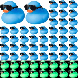 Meooeck 60 Pcs Glow in The Dark Mini Rubber Ducks with Sunglasses 2.2 Inch Squeaky Floating Bath Toys for Shower Kids Party,Blue