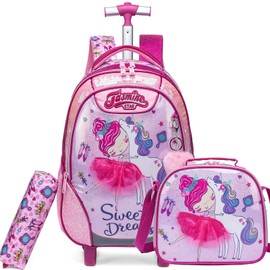 ZBAOGTW Girls Rolling Backpack Kids Trolley School Bag with Wheels Roller Backpacks for Girls 10-12 School Rolling Backpack for Kids with Lunch Box Pencil Case