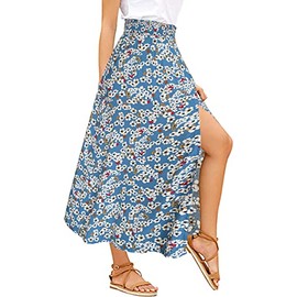 Sinono Falda larga drapeada con estampado floral bohemio de cintura alta para mujer, Azul Floral, L