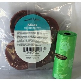 Wiggles & Wags Slices Dog Treat. Chicken Flavor One Two Ounce Pack. Plus Biggs Dog Waste Bags.