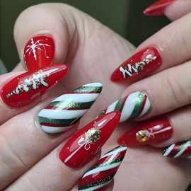 Christmas Press on Nails Red Fake Nails Medium Almond False Nails with Xmas Tree Design Snowflake Candy Glue on Nails Glossy Artificial Acrylic nail Stripes Stcik on Nails for Women Manicure 24Pcs