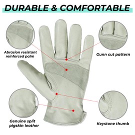 HANDLANDY Leather Gardening Gloves for Men and Women, Utility Leather Work Gloves Breathable Garden Yard Mechanic Working Gloves (Beige, M)