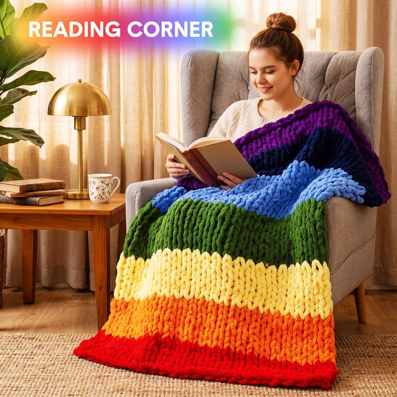 Buryeah Rainbow Chunky Knit Throw Blanket 50"x60" Soft Knitted Throw