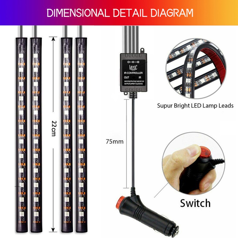 Car LED Strip Light, 4pcs 36 LED DC 12V Multicolor