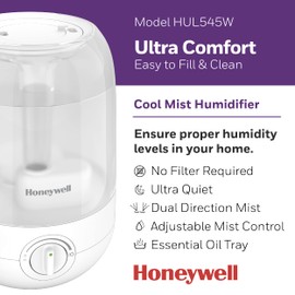 Honeywell Ultra Comfort Cool Mist Humidifier, 1 Gal Tank, No Filter, Easy to Fill and Clean, Cleaning Brush Included, Ultra Quiet, Use With Essential Oils, White, HUL545W
