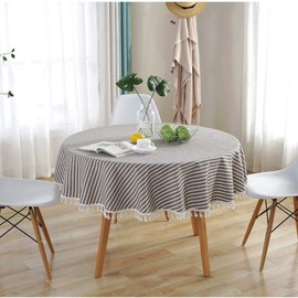 meioro Round Tablecloth with Striped Tassels Table Protector Linen Table Skirt Kitchen Dining Table (Brown/Strisce Bianche, Diameter 100 cm)