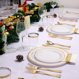 iMounTEK 175pcs Disposable Dinnerware Set Gold Plastic Plates for Wedding Birthday Party