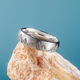 King Will Stainless Steel Men Ring Wedding Band for Men - 6mm Silver Plated Brushed Finish Inlay Mountains Pattern Stainless Steel Men Wedding Ring for Everyday Wear Comfort Fit, Size 7