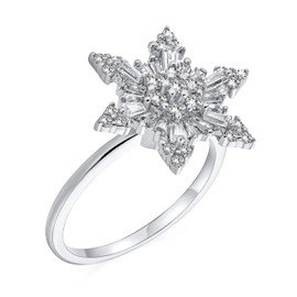 Winter Holiday Christmas Statement Clear Cubic Zirconia Flower CZ Snowflake Fidget Spinner Ring Cocktail For Women 925 Sterling Silver, Cubic Zirconia Cubic zirconia