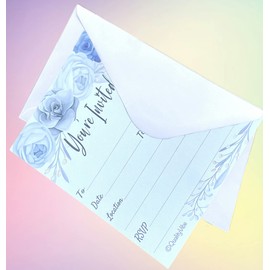 25 Gray & Blue Flower Invitations With Envelopes, Fill In Style You're Invited, Elegant Gray, Blue & White Flowers Theme. For Wedding Invites, Engagement Parties, Birthdays, Baby & Bridal Showers. Thick & Non Coated Cardstock For Use With Any Pen.