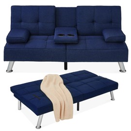 Best Choice Products Linen Modern Folding Futon, Reclining Sofa Bed for Apartment, Dorm w/Removable Armrests, 2 Cupholders - Dark Blue
