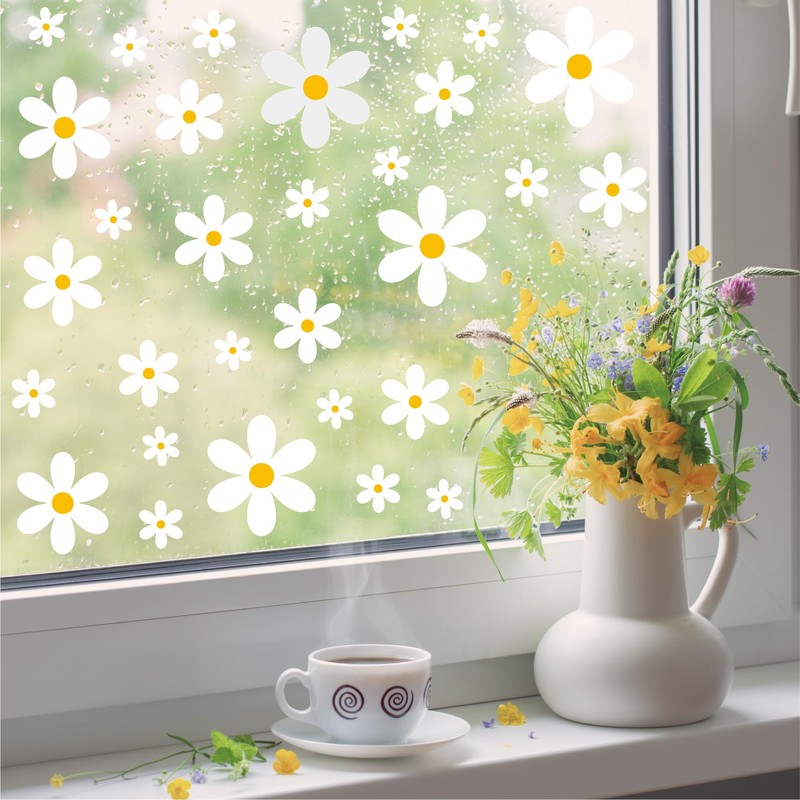 White Daisy Window Clings, 96 Pieces, 8 Sheets, Spring Flower