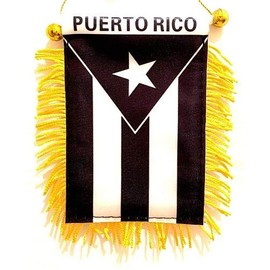 Puerto Rico Black & White Window Hanging Flag - Rear View Mirror & Double Sided - Fringed Puerto Rican Mini Banner with Suction Cup
