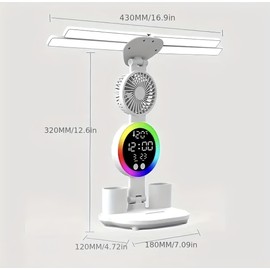 LED Desk Lamp with Fan, RGB Display Clock, 3-Speed Touch Control, 180° Adjustable Arms, 43 cm
