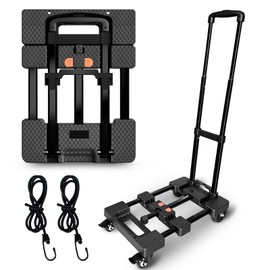 VDHU Folding Hand Truck,400lbs Load-Bearing Heavy Duty Luggage Cart with 4 Wheels& Brakes &Extendable Base Plate,Dolly Cart with Solid Construction for Travel,Moving,Shopping,Office Use,Black